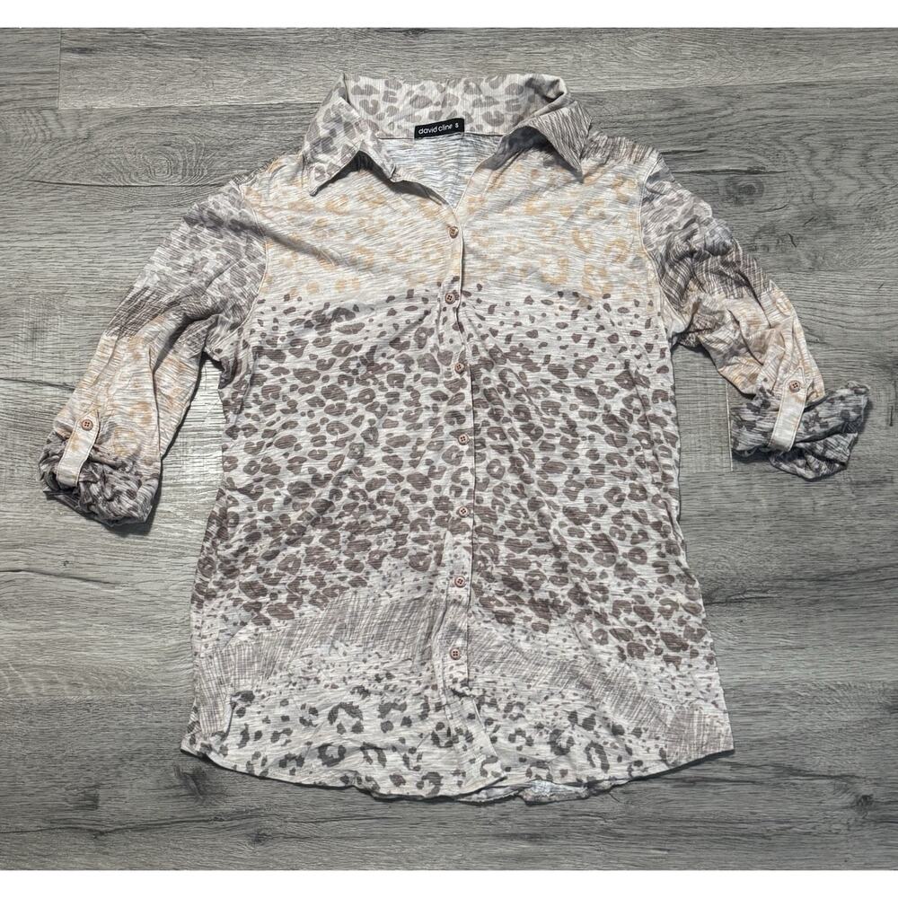 David Cline Crushed Snap Button Front Shirt S Animal Leopard Print